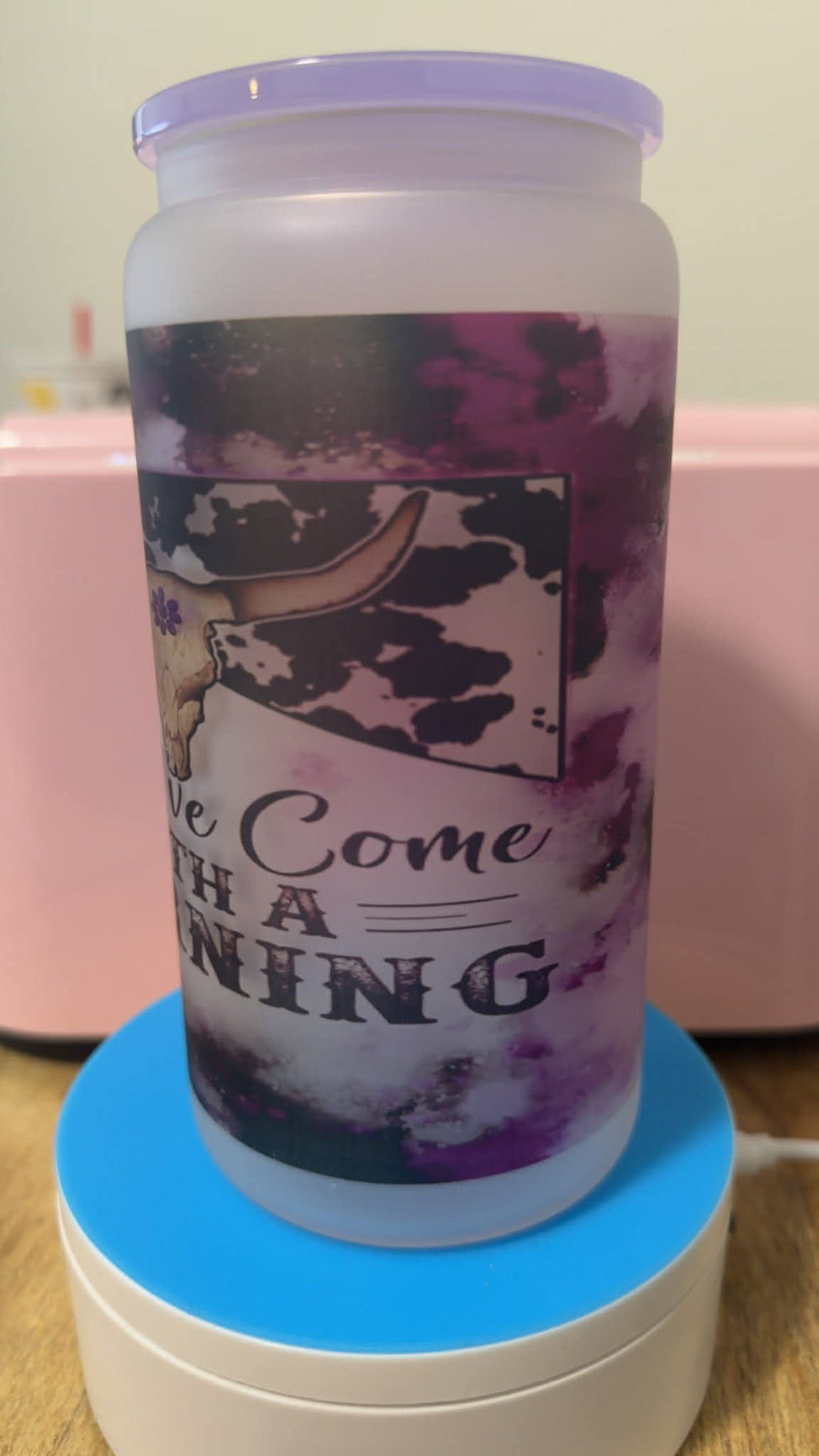 Frosted Glass Can Tumbler – Skull Floral & Western Cow Design