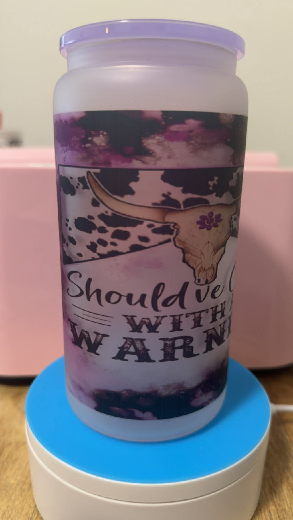 Frosted Glass Can Tumbler – Skull Floral & Western Cow Design